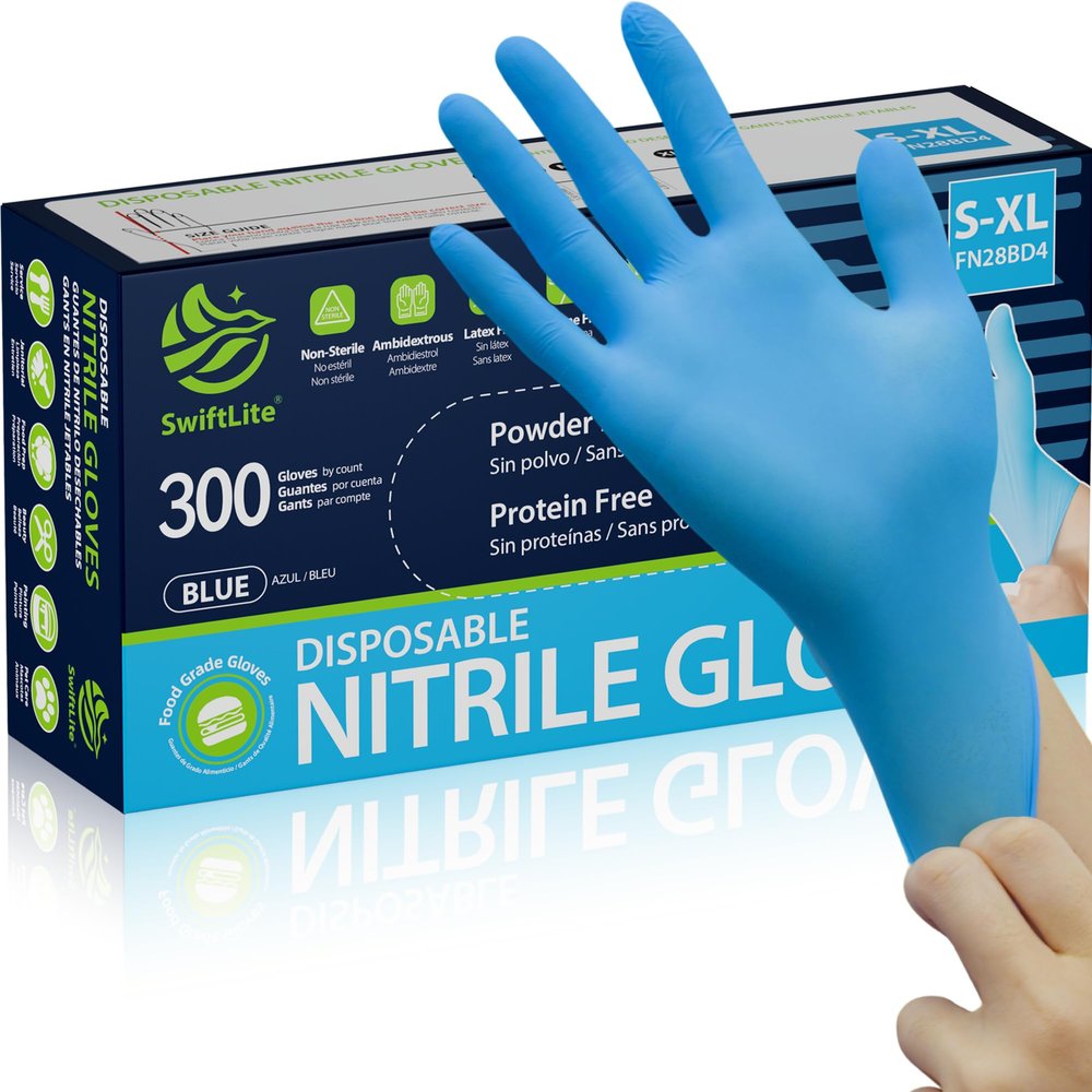 SWIFTLITE Nitrile Gloves, Food Safe Disposable Gloves Latex Free, Blue Rubber Gloves Powder Free for Food Prep, Cooking, Kitchen Cleaning (Large, 300)