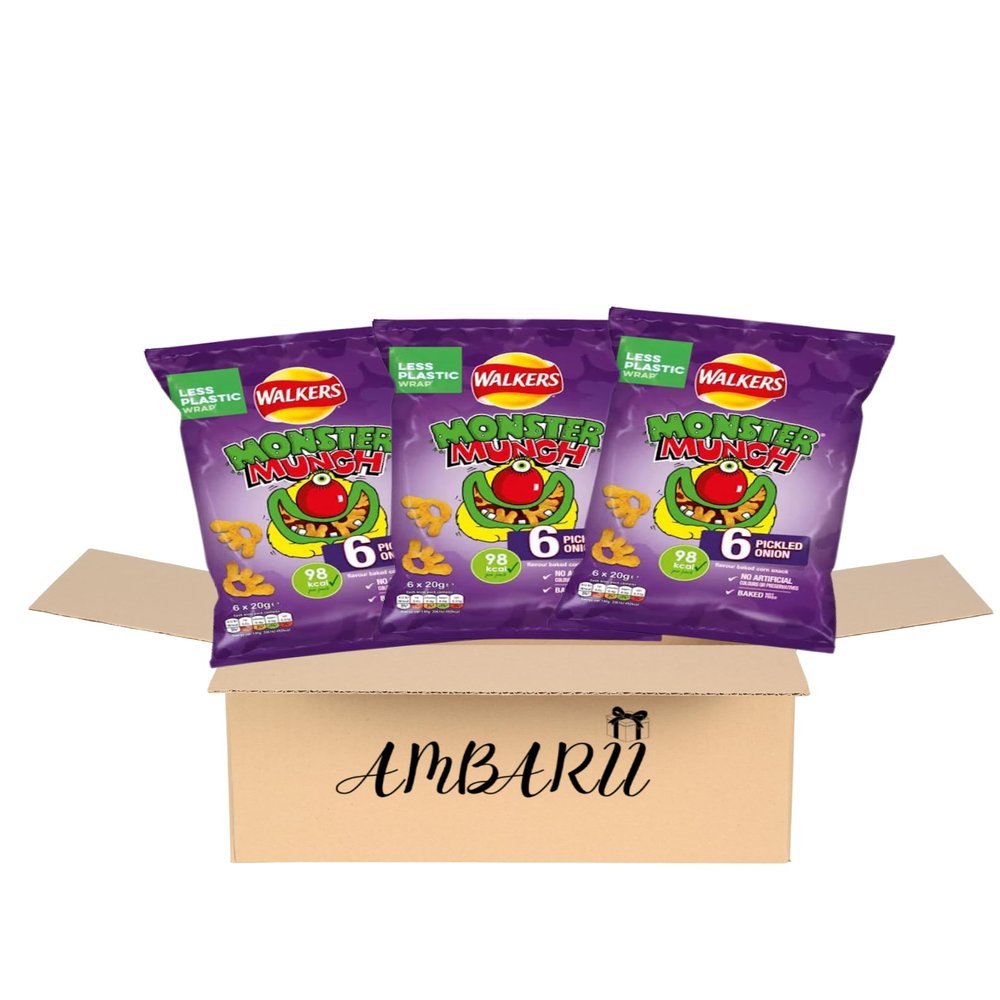 AMBARII Monster Munch Pickled Onion Flavored Snacks, 6 Count Multipack, 3 pack