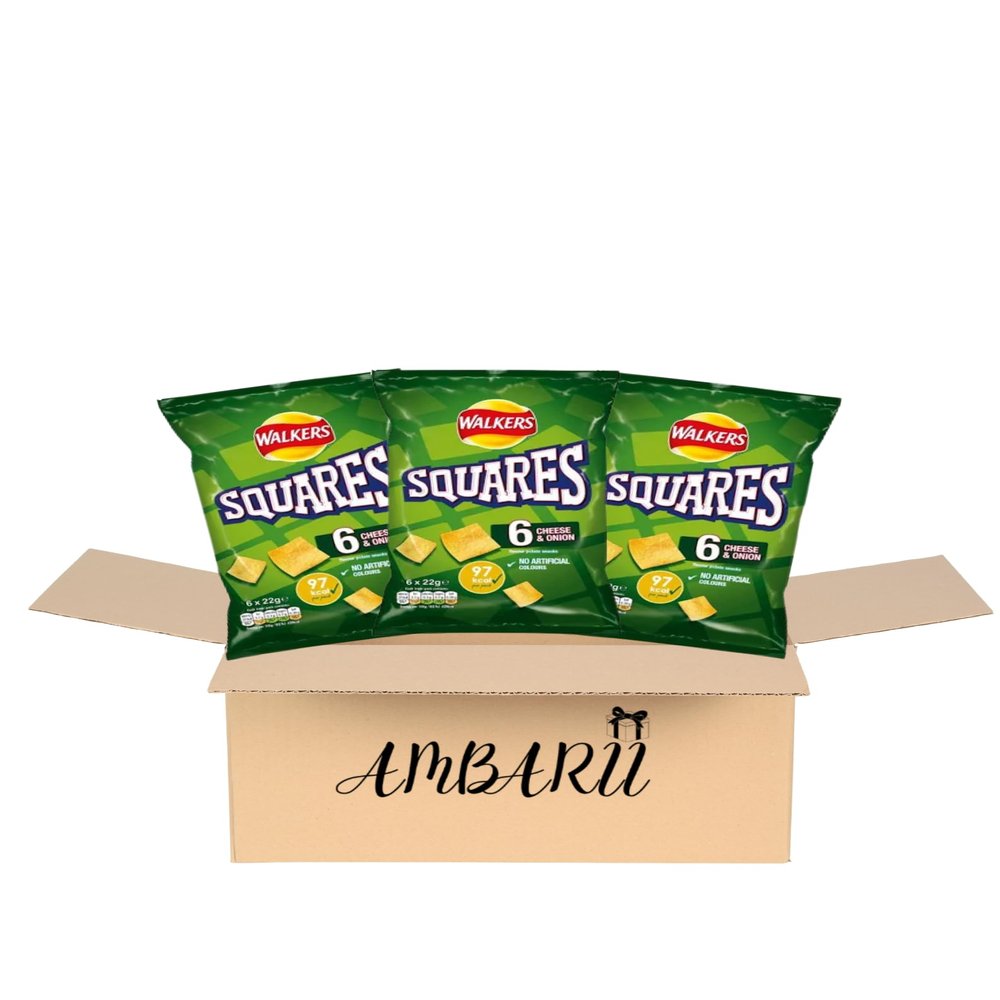 AMBARII Walkers Squares Cheese & Onion Crisps, British Snack Chips Pack of 6 x 3