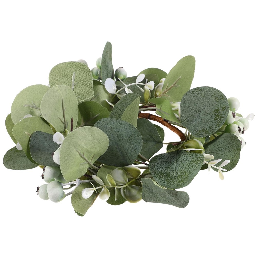 Cabilock Artificial Candle Leaf Wreath with Eucalyptus and Berry Accents Decorative Pillar Candle Ring for Christmas Thanksgiving Wedding Party Table Centerpiece and Decor