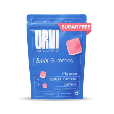URVI Brain L-Tyrosine 500 mg and Acetyl-L-Carnitine Gummies with 16 mg Caffeine and Bioactive Folate, Sugar-Free, Strawberry, 60 Chews