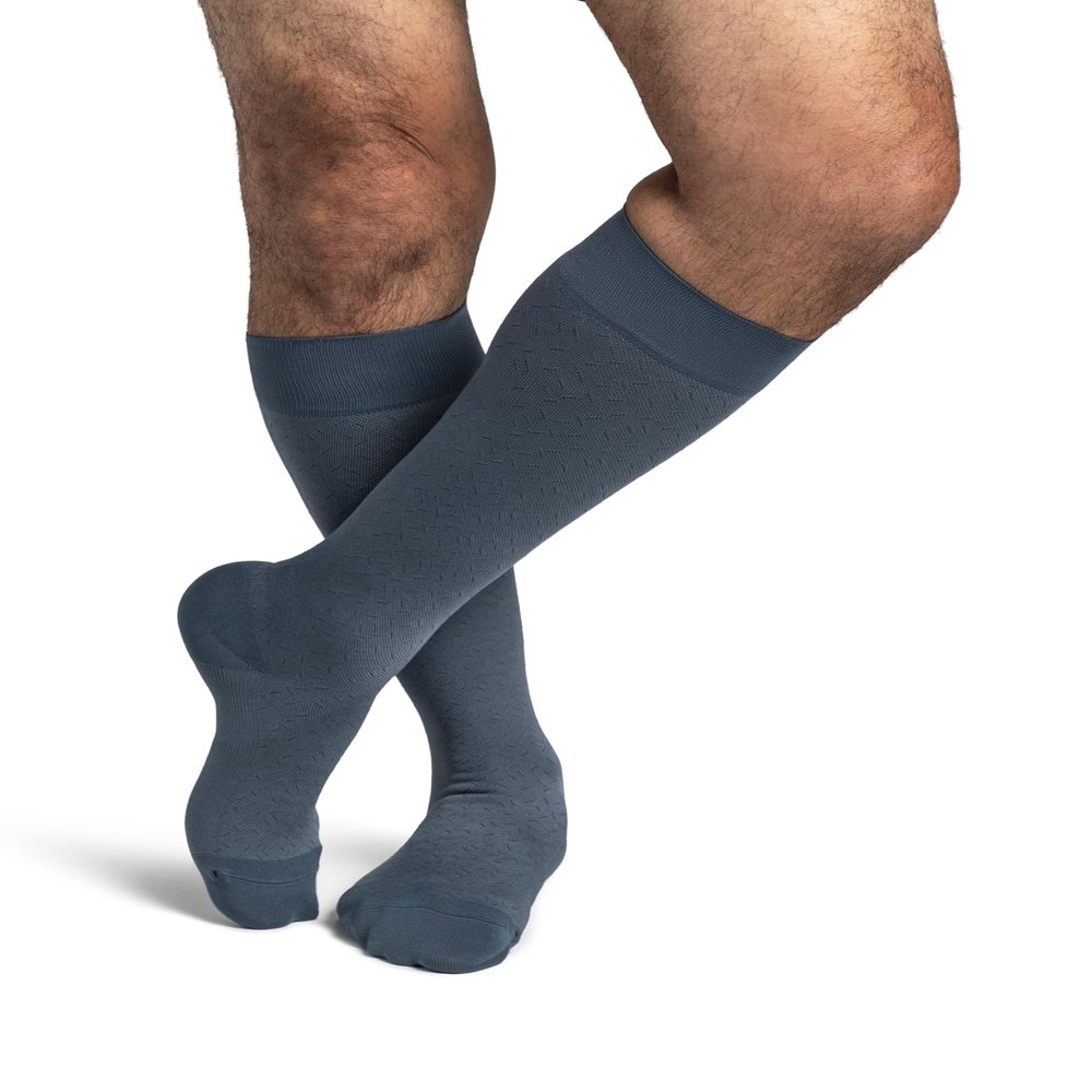 Sigvaris Mens Style Microfiber Patterns 830 Closed Toe Calf-High Socks 20-30mmHg - Storm Blue Confetti - Small Long