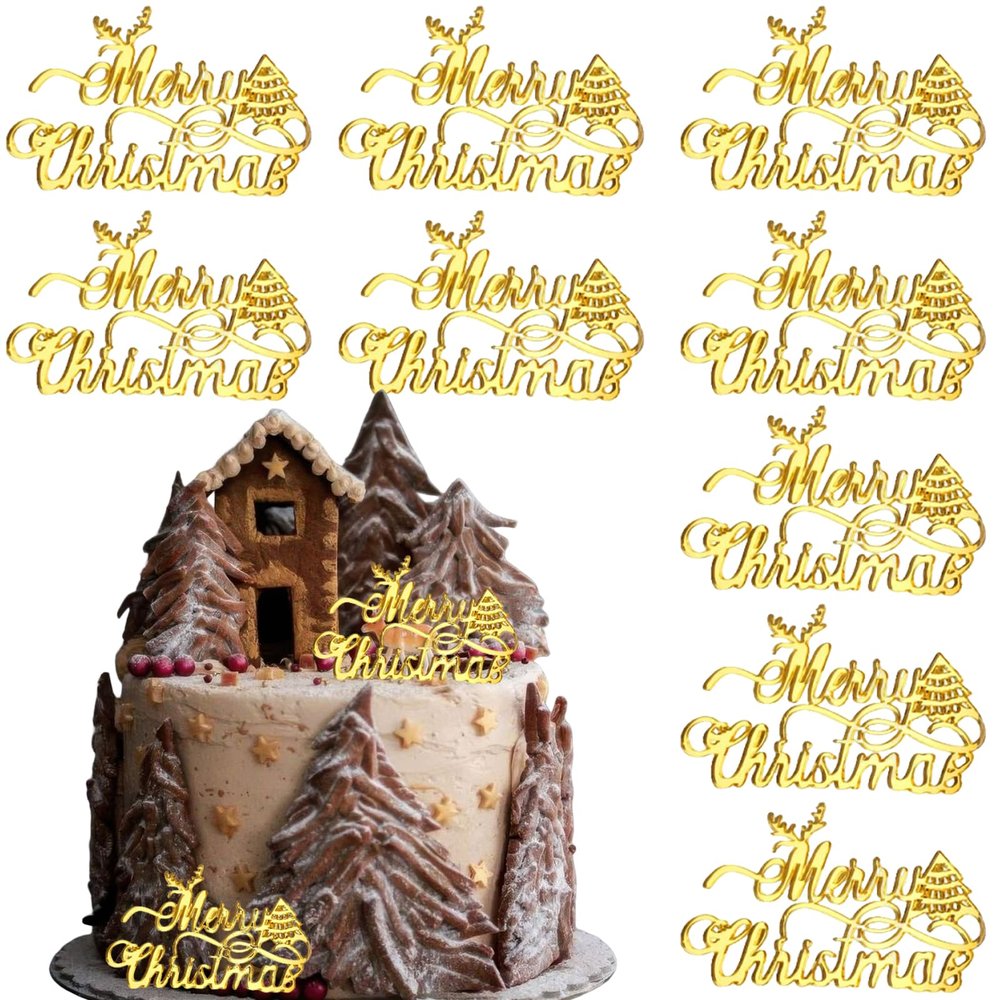 10 Pcs Merry Christmas Cake Topper Christmas Tree Elk Mirror Gold Acrylic Cupcake Topper Picks Cake Decorations for Xmas Holiday Party Supplies
