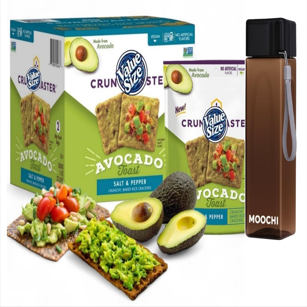 Avocado Toast Crackers with Salt & Pepper Value Size 16 oz + Free MOOCHI Reusable Water Bottle Custom Bundled