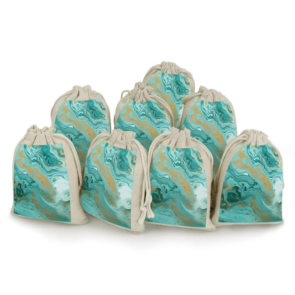 JWSDKNJ 8 Pcs Drawstring Gift Bags 4.9" X 6.7" Teal And Gold Marble Jewelry Pouches Shiny Wedding Party Favor Bags Reusable for Party, Christmas, DIY Craft