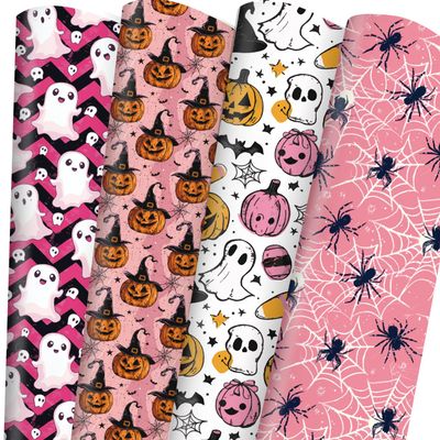 Adurself Halloween Wrapping Paper - 28 x 40 Pink Ghost Pumpkin Spiderweb Assorted Design, Folded Flat Gift Wrap Paper - 6 Jumbo Sheets for Halloween Birthday Holiday Trick or Treat Party Gift Bags Favors
