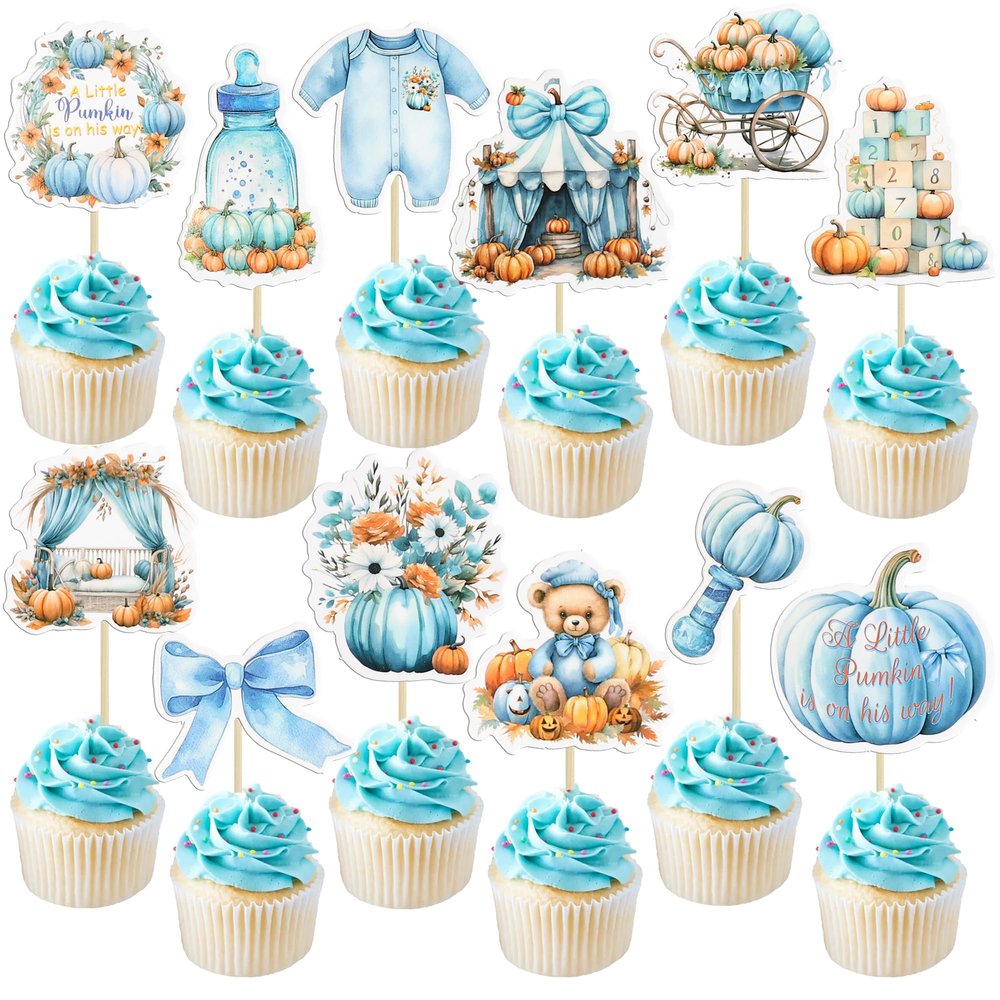 Gyufise 36Pcs A Little Pumpkin is on His Way Cupcake Toppers Carriages Floral Pumpkin Baby Shower Cake Decorations for Baby Boy First Birthday Gender Reveal Party Supplies Favors Blue