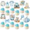 Gyufise 36Pcs A Little Pumpkin is on His Way Cupcake Toppers Carriages Floral Pumpkin Baby Shower Cake Decorations for Baby Boy First Birthday Gender Reveal Party Supplies Favors Blue view 1