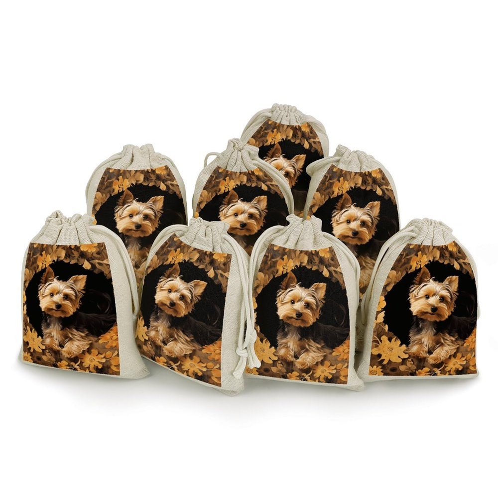 JWSDKNJ 8 Pcs Drawstring Gift Bags 4.9" X 6.7" Yorkshire Terrier in The Cave Jewelry Pouches Shiny Wedding Party Favor Bags Reusable for Party, Christmas, DIY Craft