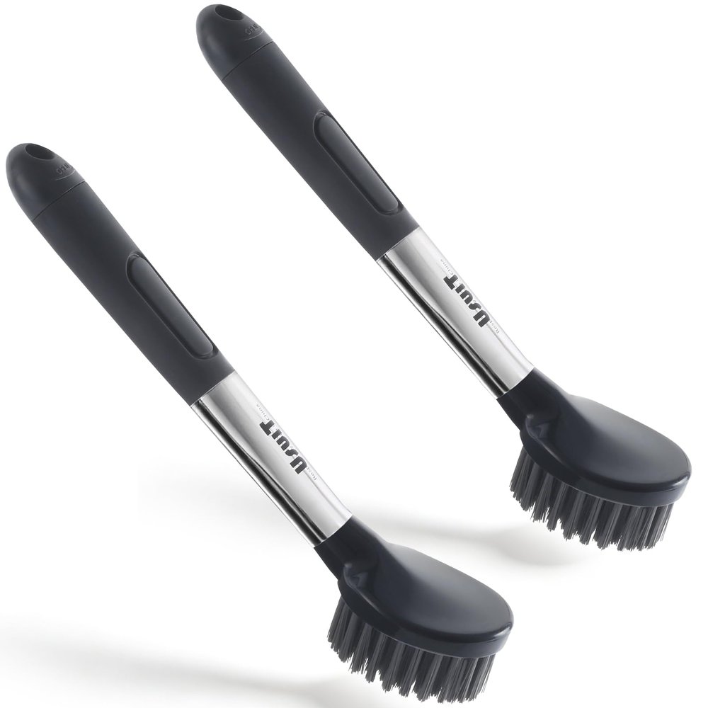 Usuit Soap Dispensing Dish Brush with Handle, 2 Pack, Dish Soap Brush, Built-in Soap Dispenser, Non-Slip Handle, Scrub Brush for Pots, Pans, Kitchen Brush, Refillable