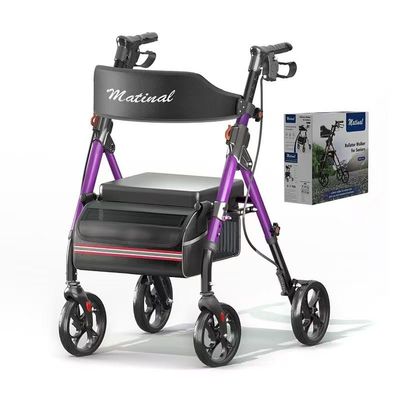 Montary Heavy-Duty Foldable Rollator Walkers with Seat for Seniors - 350lb Capacity, 8" All-Terrain Big Wheels & 6-Position Adjustable Height (Purple)