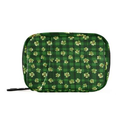 Eyanle Green Checkered Tiny Clovers Travel Pill Organizer Case Box Container Weekly Portable Vitamin Medicine Holder Storage Bag with Zipper Removable