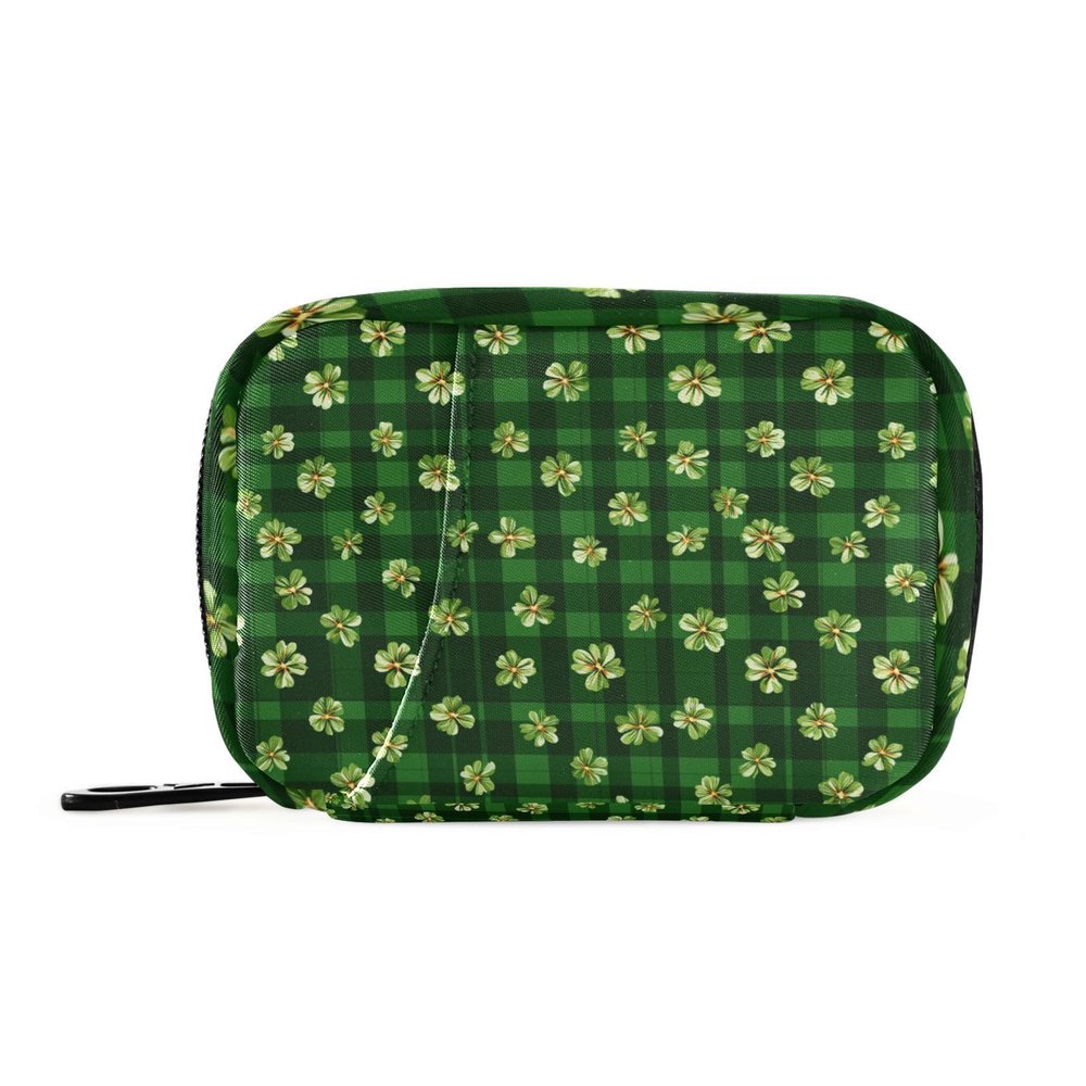 Eyanle Green Checkered Tiny Clovers Travel Pill Organizer Case Box Container Weekly Portable Vitamin Medicine Holder Storage Bag with Zipper Removable