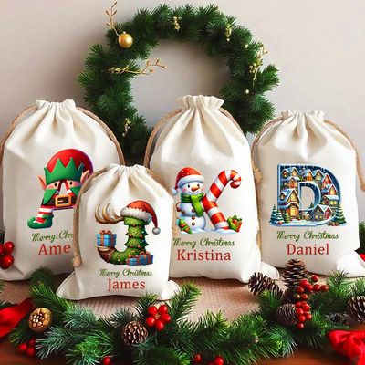 idooodle Personalized Christmas Gift Bag, Custom Name Tree Snowman Elf House Design Home Decor Christmas Gift for Kids Family