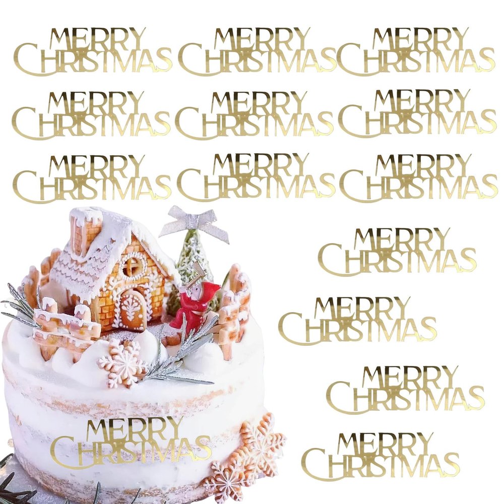 12 Pack Christmas Cake Toppers Acrylic Mirror Engraved Merry Christmas Side Cake Decorations for Winter Xmas Holiday Party Dessert DIY Decor Supplies (12, Glod)