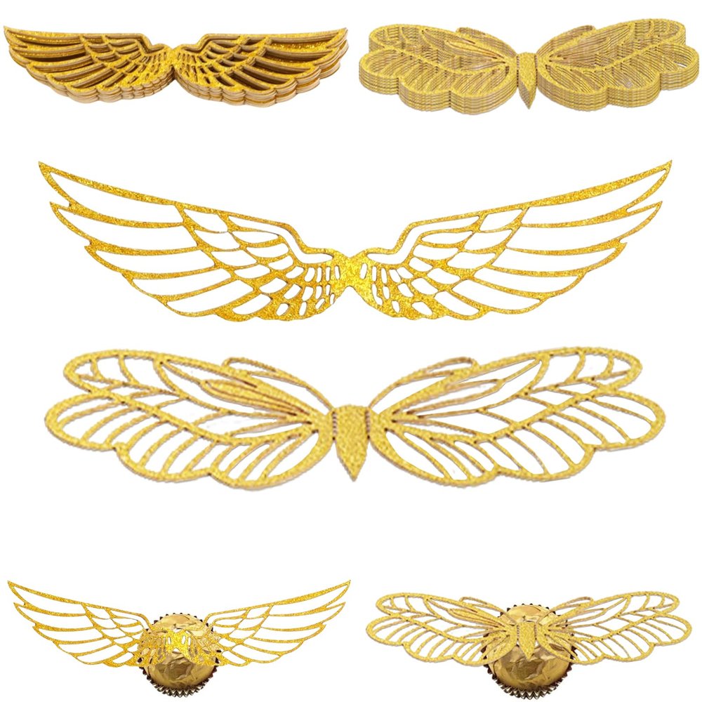 100 Pcs Wizard Party Chocolate Decoration Golden Wings Chocolate Decor Wings Wafer Cupcake Toppers with 100 Pcs Glue Point for Birthday Wizard Them Party Decor Supplies
