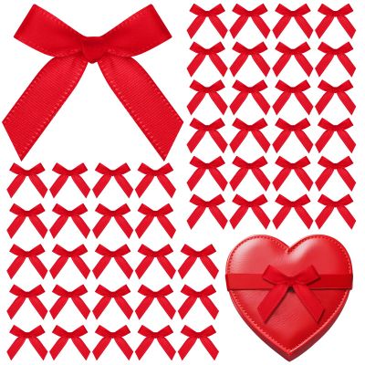 120 Pcs Mini Red Bows for Crafts with Self-Adhesive Dots, 1.57" Small Satin Ribbon Bows for Gift Wrapping Cake Decorations Sewing Scrapbook Card Making