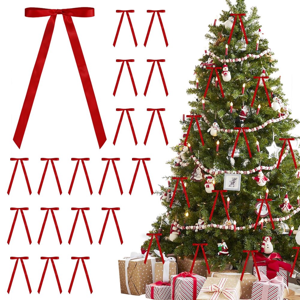 24 Pieces Satin Ribbon Bows 6 x 12 Inch Large Twist Tie Christmas Bow for Gift Wrapping Bottle Balloon Treat Bag DIY Craft Wedding Bridal Baby Shower Birthday Party Decoration (Red)