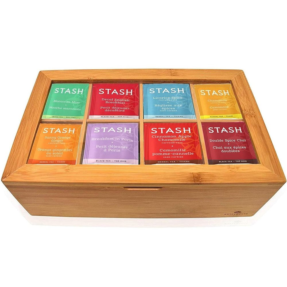 Stash Tea Bags Sampler Assortment Variety Pack 80 Tea Bags 30 Unique Flavors in Bamboo Organizer for Mom Dad Wife Husband Tea Lovers