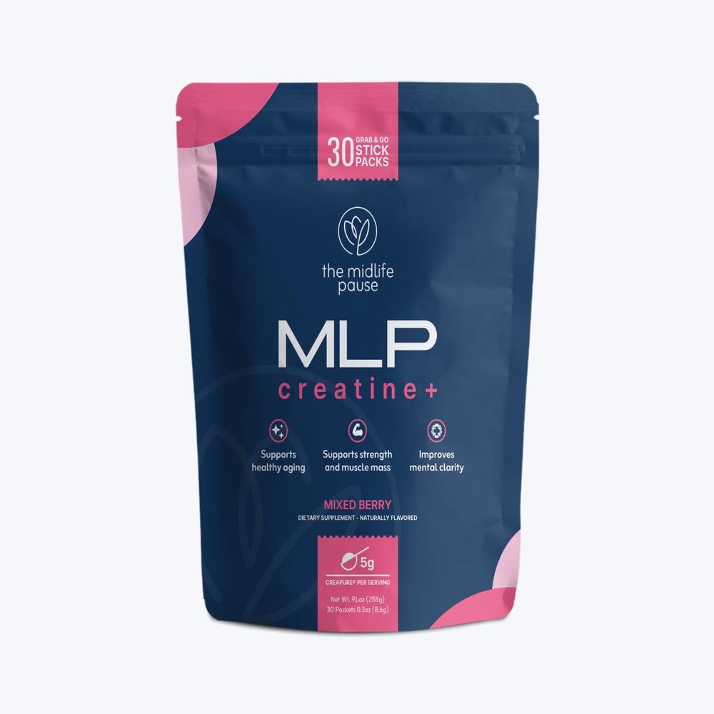 Midlife Pause MLP Creatine +, Creapure Creatine Powder, Mixed Berry 30 Servings, Stick Packs, 5g per Serving, Alpha GPC + B Vitamins Supports Strength, Lean Muscle, & Recovery for Women