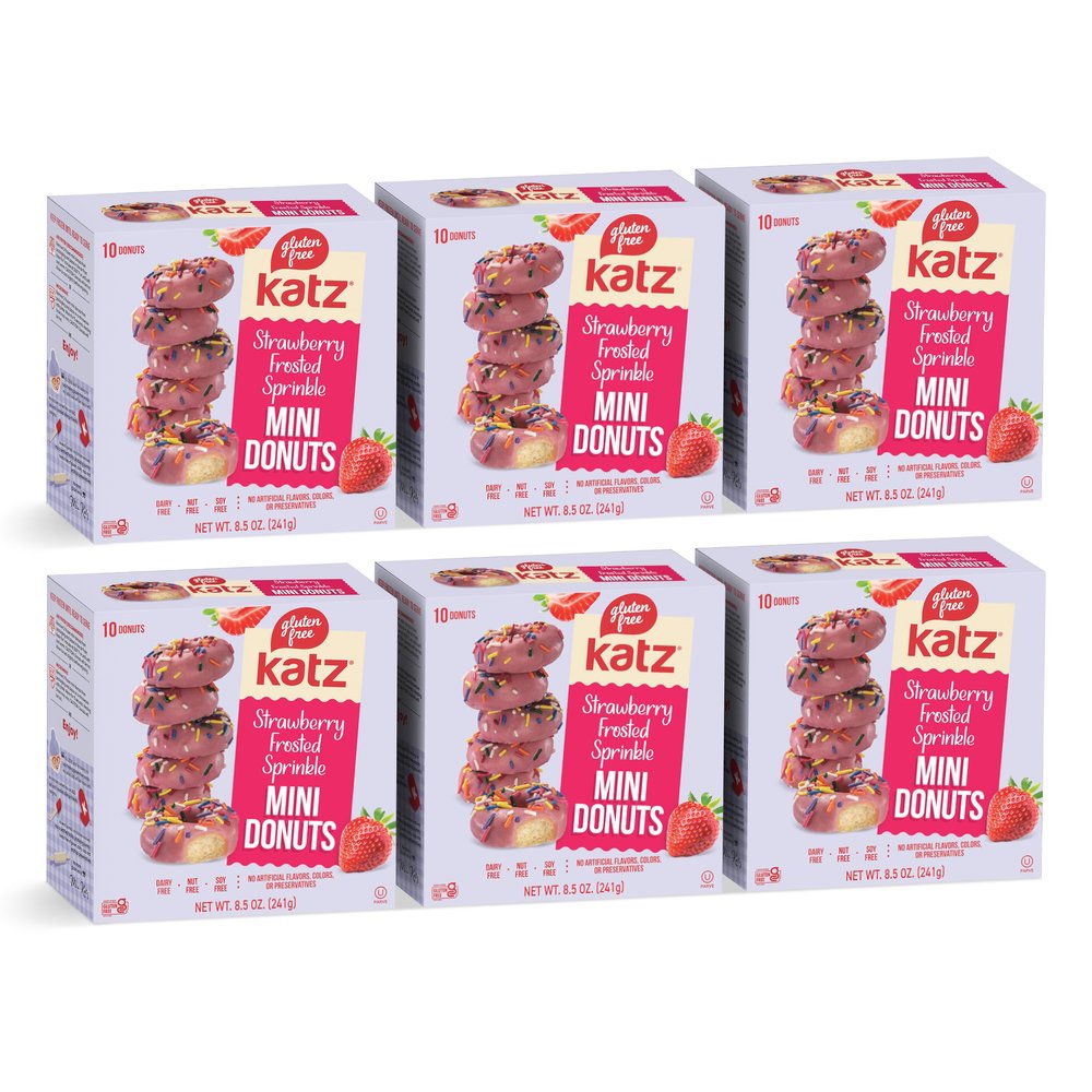 Katz Gluten Free Strawberry Frosted Mini Sprinkle Donuts. Kids Snack with Rainbow Sprinkles. Free of Dairy, Peanuts, Tree Nuts, and Sesame, No Artificial Color. Kosher (6Pk)