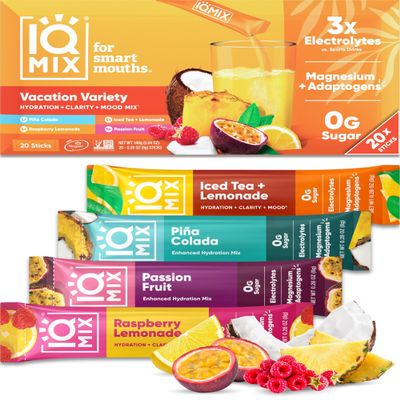 IQMIX Hydration Electrolyte Powder 4-in-1 Formula for Hydration, Mental Clarity, Mood and Recovery Sugar-Free Drink Mix, Keto, Magnesium L-Threonate, Lions Mane 20 Count Vacation Variety Pack