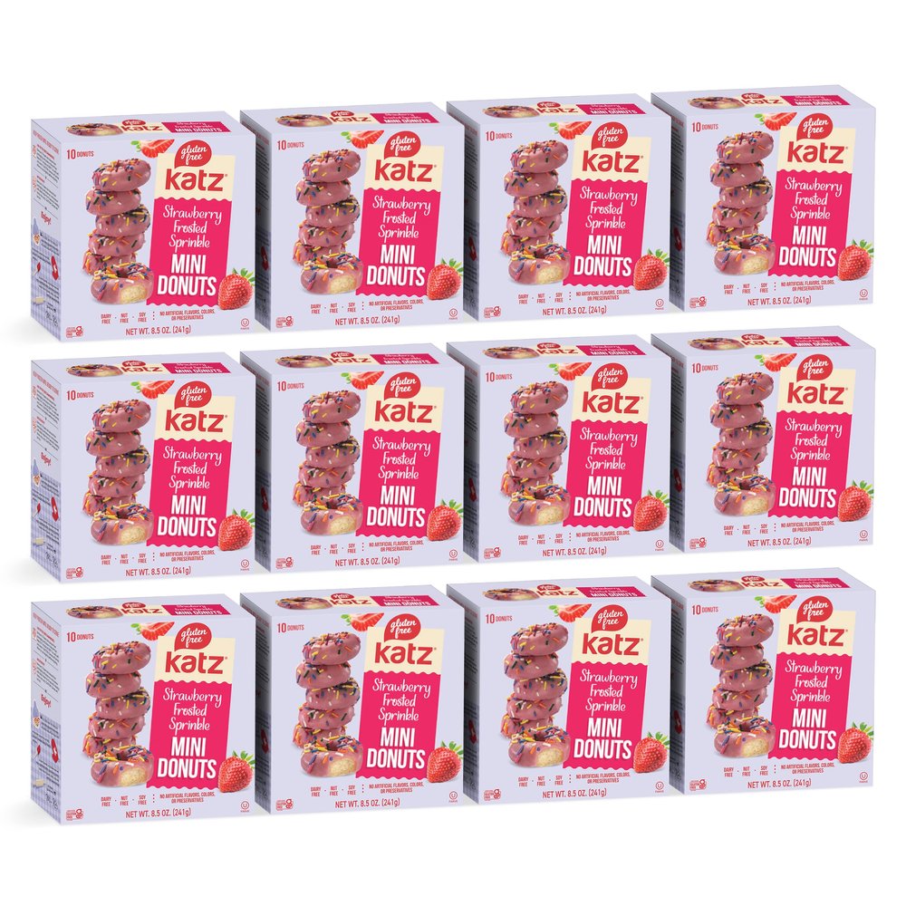 Katz Gluten Free Strawberry Frosted Mini Sprinkle Donuts. Kids Snack with Rainbow Sprinkles. Free of Dairy, Peanuts, Tree Nuts, and Sesame. Kosher (12Pk)