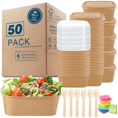 MINCOCO 50 Count Paper Bowls Disposable Meal Prep Containers with LidsIncludes 50 Wooden Forks + 100 Labels Salad Food Containers Freezer & Microwave Safe Leakproof Soup Bowls (29 Ounce, 50-Count)