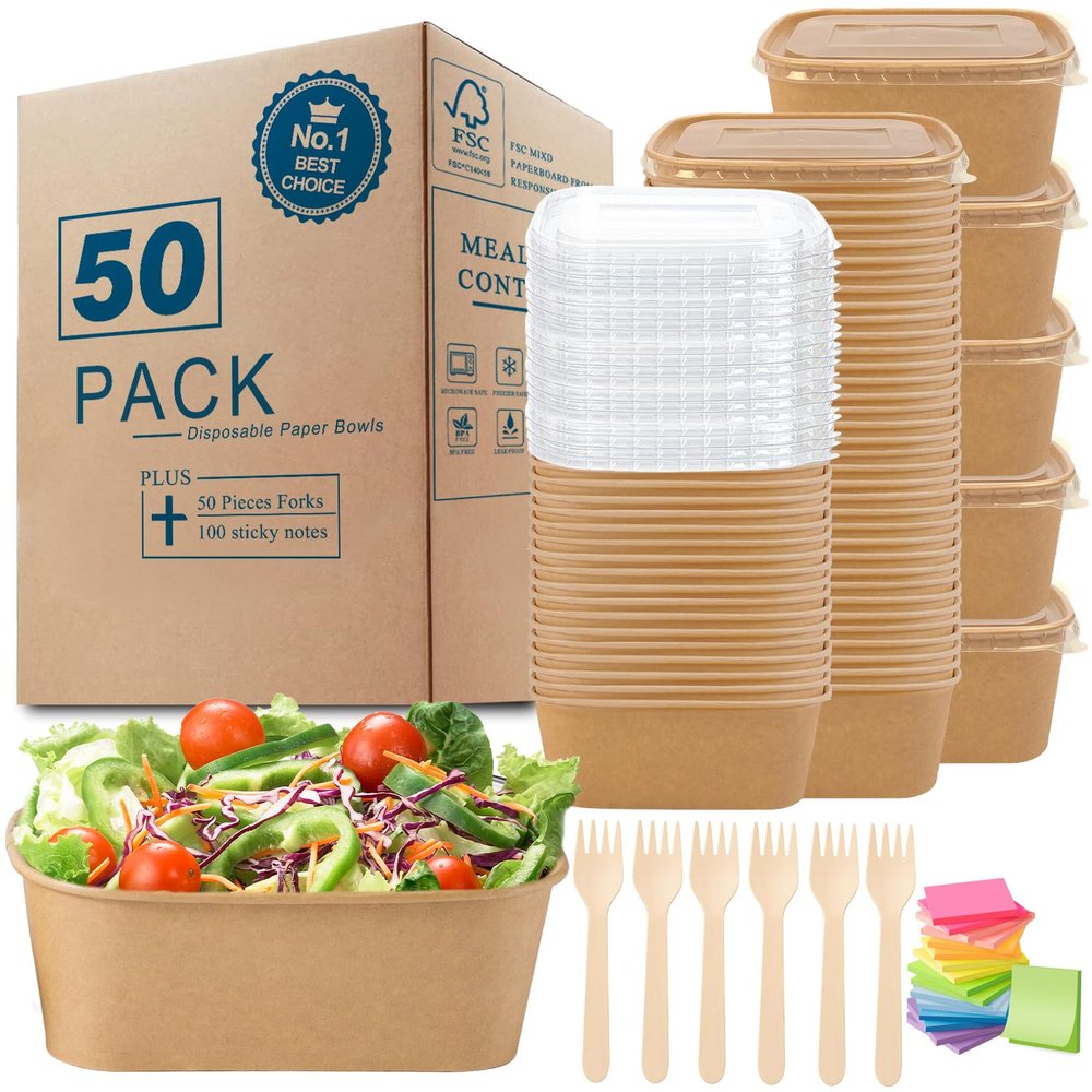 MINCOCO 50 Count Paper Bowls Disposable Meal Prep Containers with LidsIncludes 50 Wooden Forks + 100 Labels Salad Food Containers Freezer & Microwave Safe Leakproof Soup Bowls (29 Ounce, 50-Count)