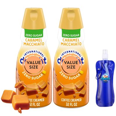 Zero Sugar Caramel Macchiato Liquid Coffee Creamer - Pack of Two (2) 32 fl oz Bottles of Creamy Smooth Delightful Coffee Creamer with Candy Freezer Collapsible Water Bottle (Zero Sugar Caramel Macchiato) Bottle