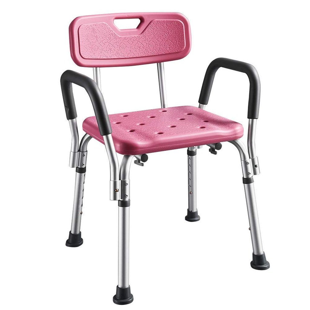 Adjustable Pink Economy Shower Chair with Arms and Back Bariatric Rated Bath Seat for Elderly or Disabled Users