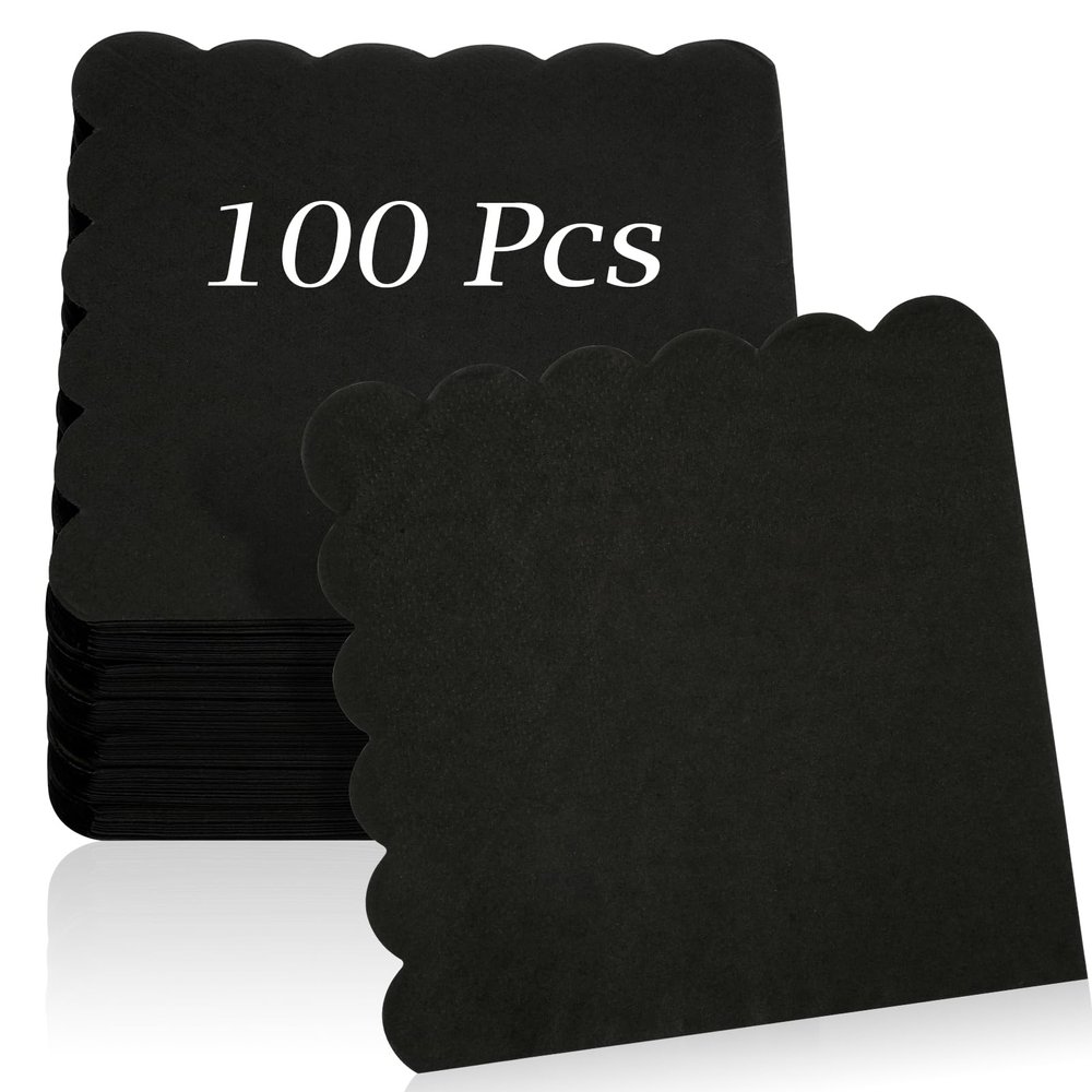100 Pcs Cocktail Napkins, 2-Ply 5 x 5 Inches Disposable Scalloped Napkins, Thick Premium Dessert Napkins for Party, Wedding, Dinner, Birthday, Anniversary, Festival (Black)