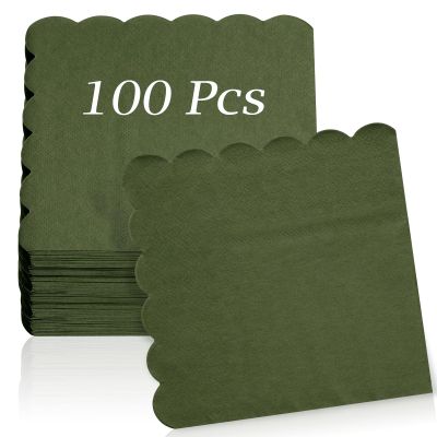 100 Pcs Cocktail Napkins, 2-Ply 5 x 5 Inches Disposable Scalloped Napkins, Thick Premium Dessert Napkins for Party, Wedding, Dinner, Birthday, Anniversary, Festival (Green)