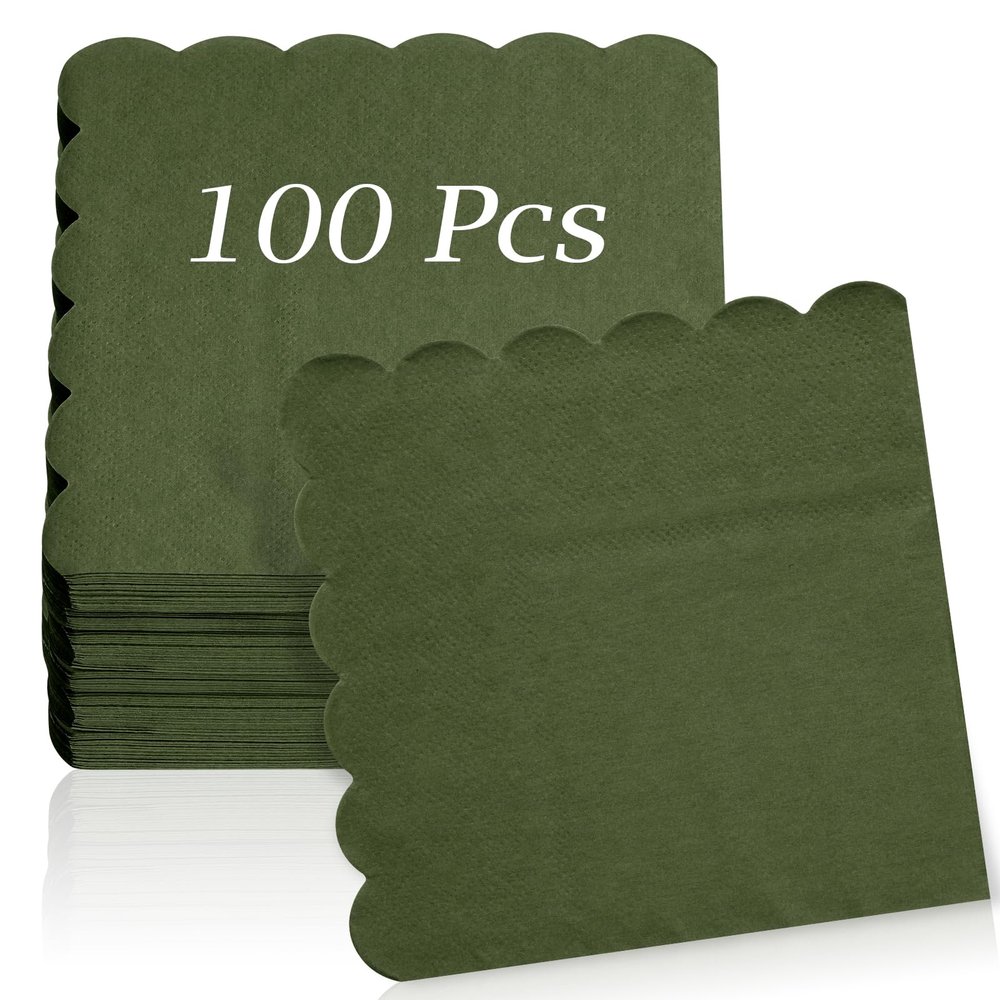 100 Pcs Cocktail Napkins, 2-Ply 5 x 5 Inches Disposable Scalloped Napkins, Thick Premium Dessert Napkins for Party, Wedding, Dinner, Birthday, Anniversary, Festival (Green)