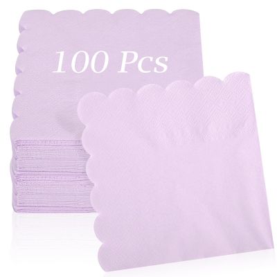100 Pcs Cocktail Napkins, 2-Ply 5 x 5 Inches Disposable Scalloped Napkins, Thick Premium Dessert Napkins for Party, Wedding, Dinner, Birthday, Anniversary, Festival (Light Purple)