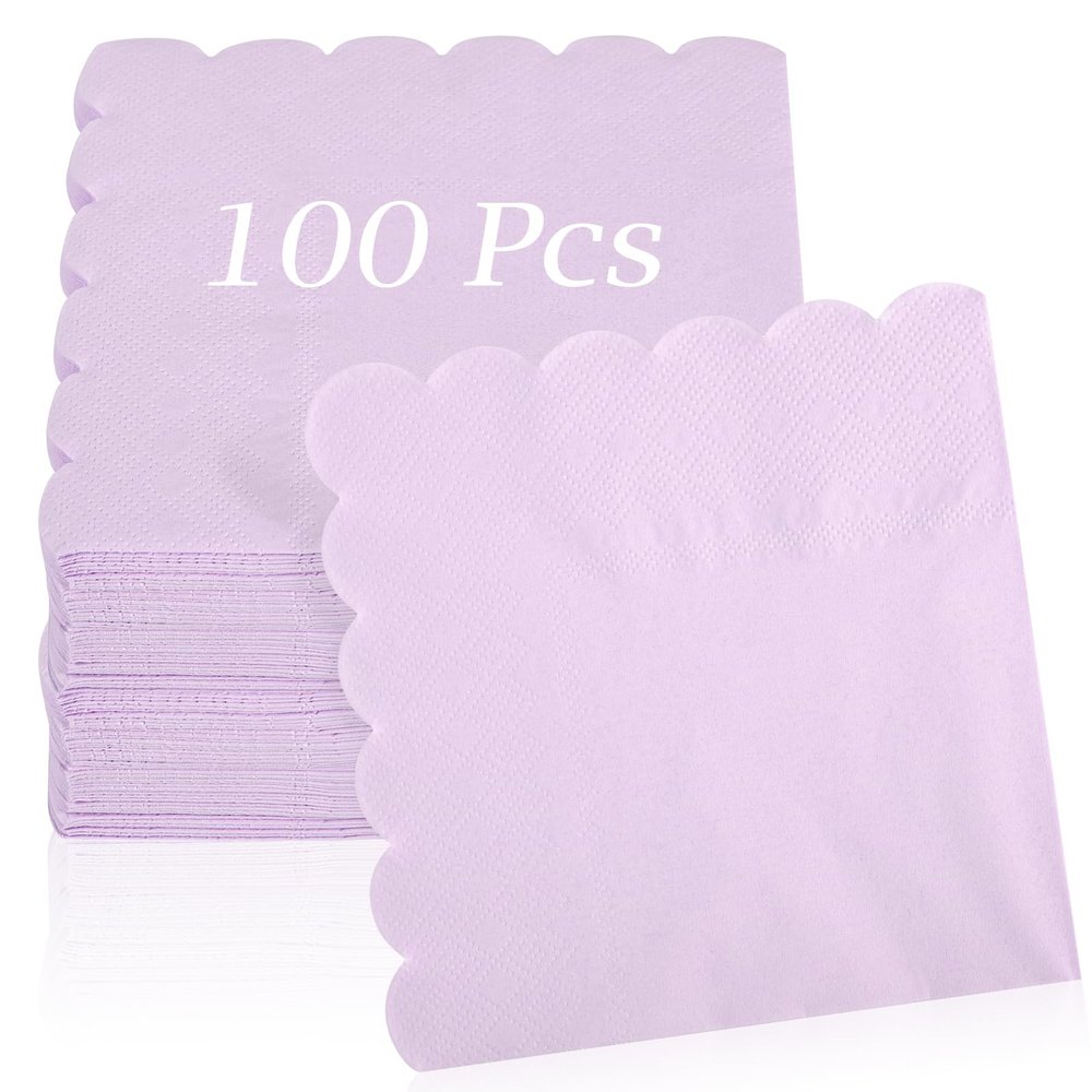 100 Pcs Cocktail Napkins, 2-Ply 5 x 5 Inches Disposable Scalloped Napkins, Thick Premium Dessert Napkins for Party, Wedding, Dinner, Birthday, Anniversary, Festival (Light Purple)