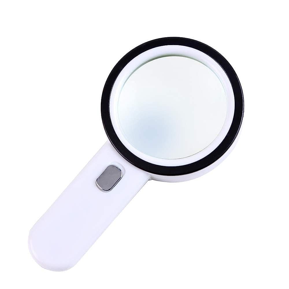 Led Illuminated Magnifier with 30X Magnification Lightweight Handheld Magnifying Glass, for Reading Hobbies,with a Lens Cloth and Bag Magnifier/White