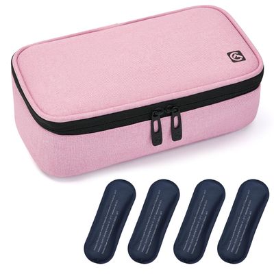 ALLCAMP Insulin Cooler Travel Case Diabetic Medication Cooler with 4 Ice Pack - Medical Cooler Bag Portable and Reusable(Pink)