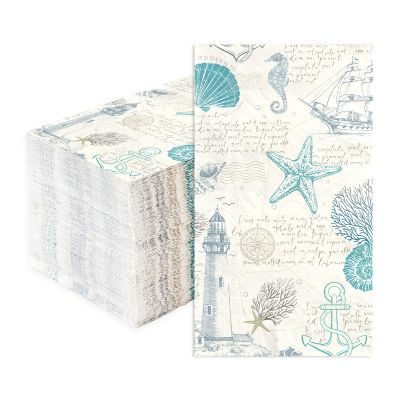 100Pcs Nautical Coastal Paper Napkins 3 Ply Sea Blue Seashell Disposable Absorbent Hand Towels Vintage Nautical Coral Guest Bathroom Napkins for Holiday Wedding Birthday Winter Dinner Party Supplies