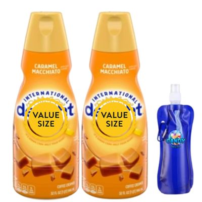 Caramel Macchiato Liquid Coffee Creamer.- Pack of Two (2) 32 fl oz Bottles of Creamy Smooth Delightful Coffee Creamer with Candy Freezer Collapsible Bottle (Caramel Macchiato) Bottle