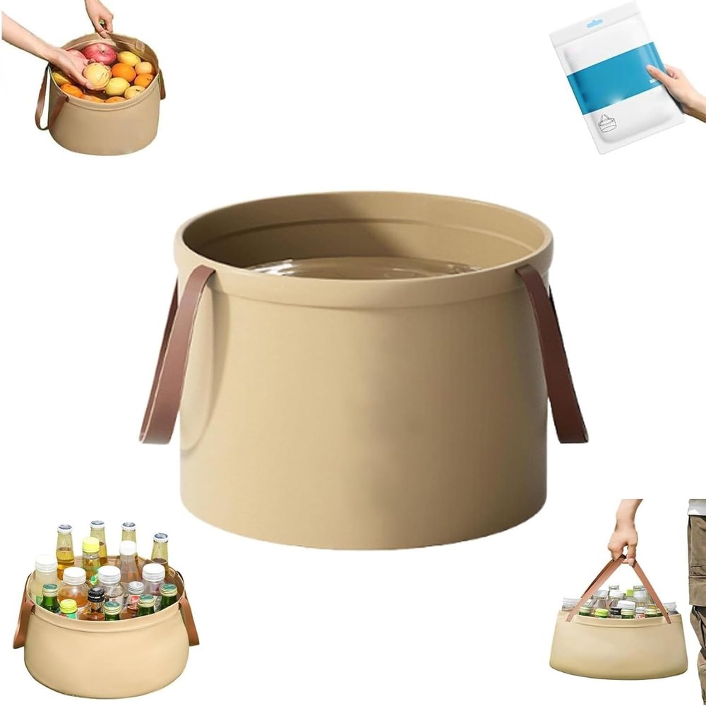 2026 New Collapsible Travel Basin - Portable Foldable Bucket with Handle - Leakproof Silicone Wash Tub for Camping, Laundry & Foot Soaks (Kahki, 6.8L)