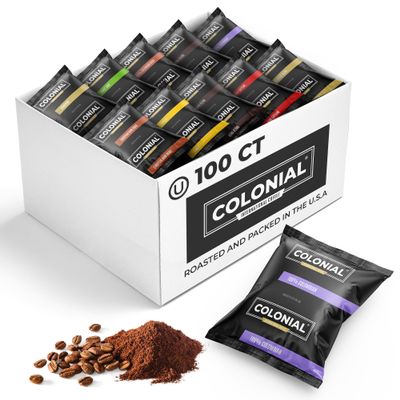 Colonial Coffee 100 Count Single Pot Coffee Packets Assorted Variety Pack with Medium, Dark, & Decaf Roast Blends | Pre-Measured Frac Packs for 12 Cup Maker | Bulk Ground Gourmet Coffee for Home & Office