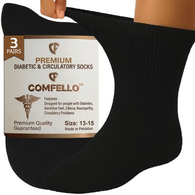 COMFELLO Diabetic Ankle Socks for Men & Women Non-Binding Cushioned Socks - Neuropathy & Circulation Support (3-Pairs) Black 9-11