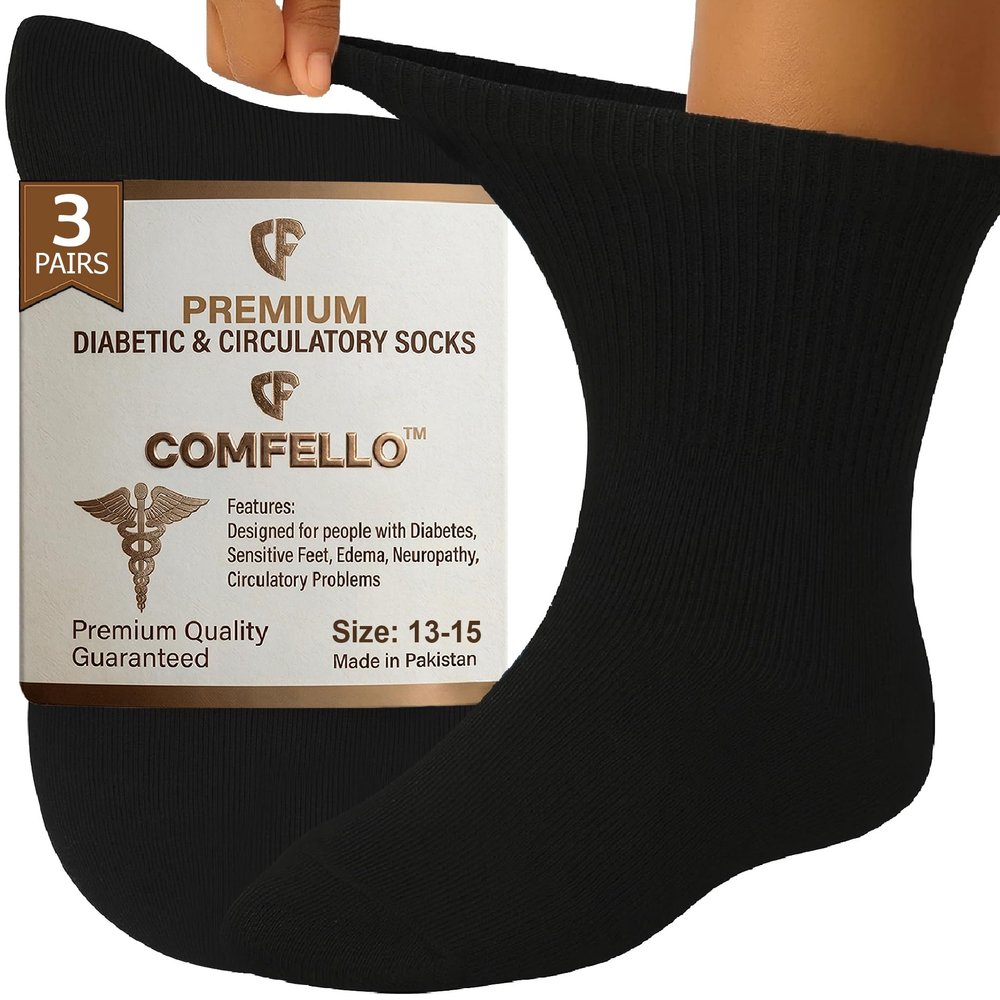COMFELLO Diabetic Ankle Socks for Men & Women Non-Binding Cushioned Socks - Neuropathy & Circulation Support (3-Pairs) Black 9-11