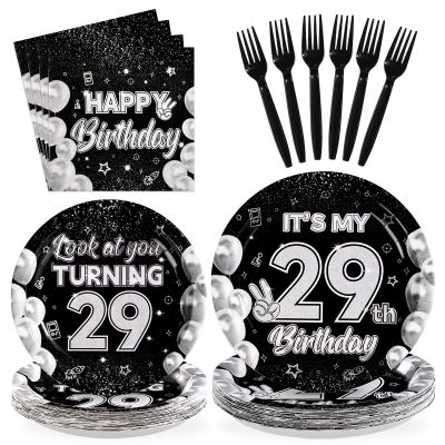 Greencian 96 Pcs 29th Birthday Decorations for Men Women Black White 29th Birthday Party Plates Disposable Look at You Turning 29 Paper Tableware Set for Happy 29 Year Old Party Supplies Serves 24