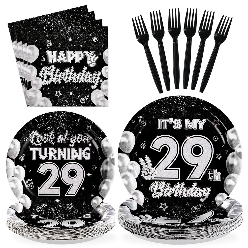 Greencian 96 Pcs 29th Birthday Decorations for Men Women Black White 29th Birthday Party Plates Disposable Look at You Turning 29 Paper Tableware Set for Happy 29 Year Old Party Supplies Serves 24