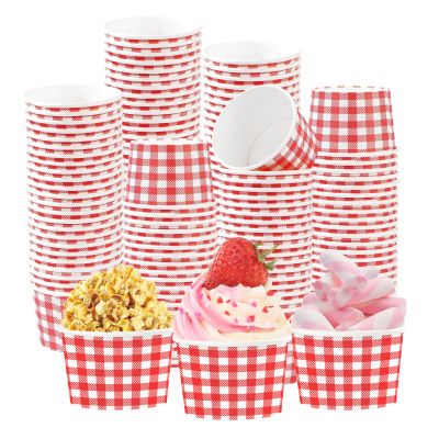 120Pcs Red Gingham Ice Cream Cups 12oz Disposable Red and White Gingham Paper Dessert Snack Bowls Red Checkered Plaid Buffalo Paper Cups for Summer Pizza BBQ Picnic Baby Shower Birthday Party Supplies