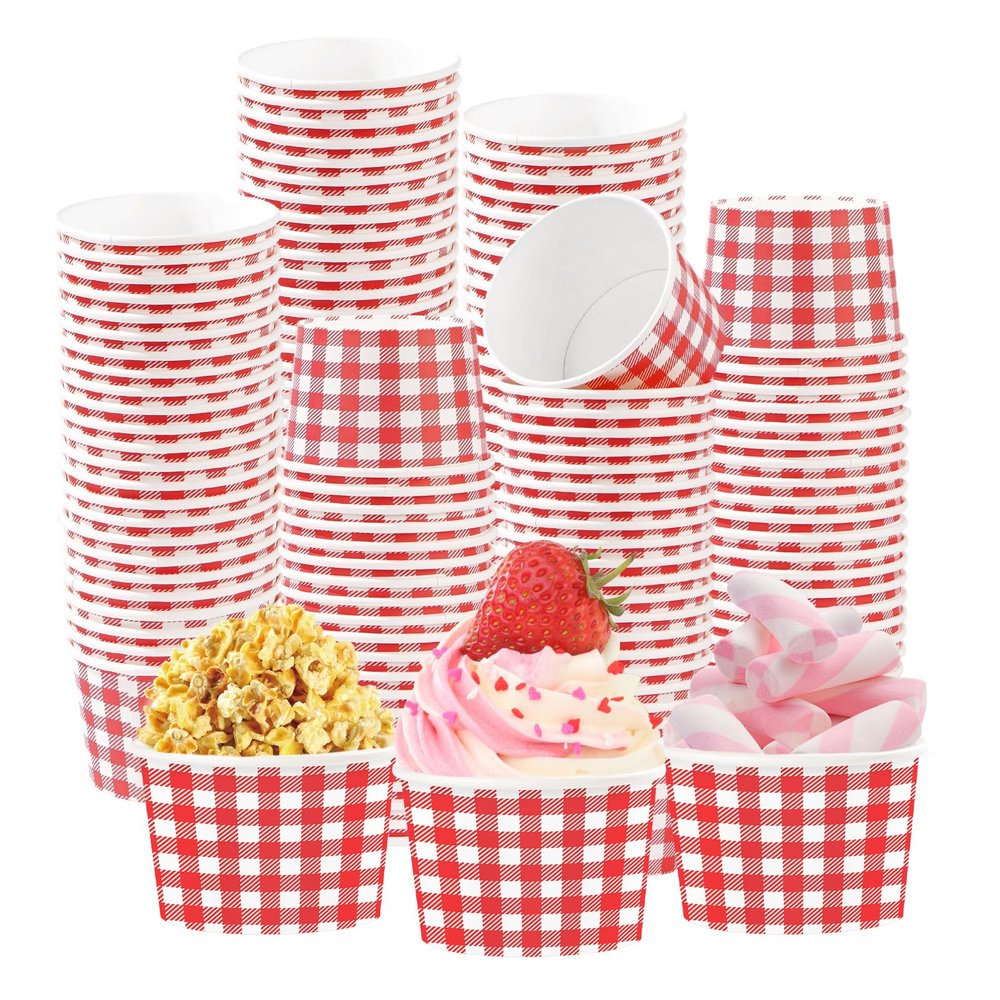 120Pcs Red Gingham Ice Cream Cups 12oz Disposable Red and White Gingham Paper Dessert Snack Bowls Red Checkered Plaid Buffalo Paper Cups for Summer Pizza BBQ Picnic Baby Shower Birthday Party Supplies