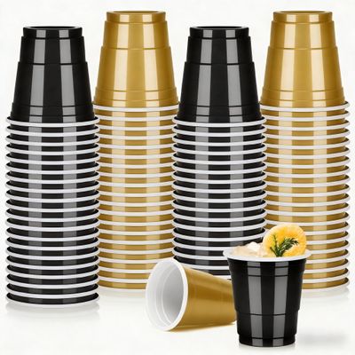 Pineburg 100 Pack 2oz Black Gold Plastic Shot Glasses - Graduation Party Cups, Elegant Spring Celebration Disposable Cups for Easter, Graduation Ceremonies