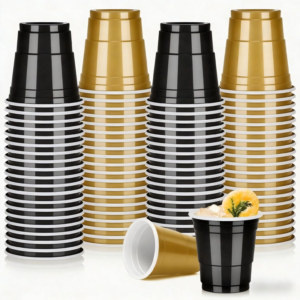 Pineburg 100 Pack 2oz Black Gold Plastic Shot Glasses - Graduation Party Cups, Elegant Spring Celebration Disposable Cups for Easter, Graduation Ceremonies
